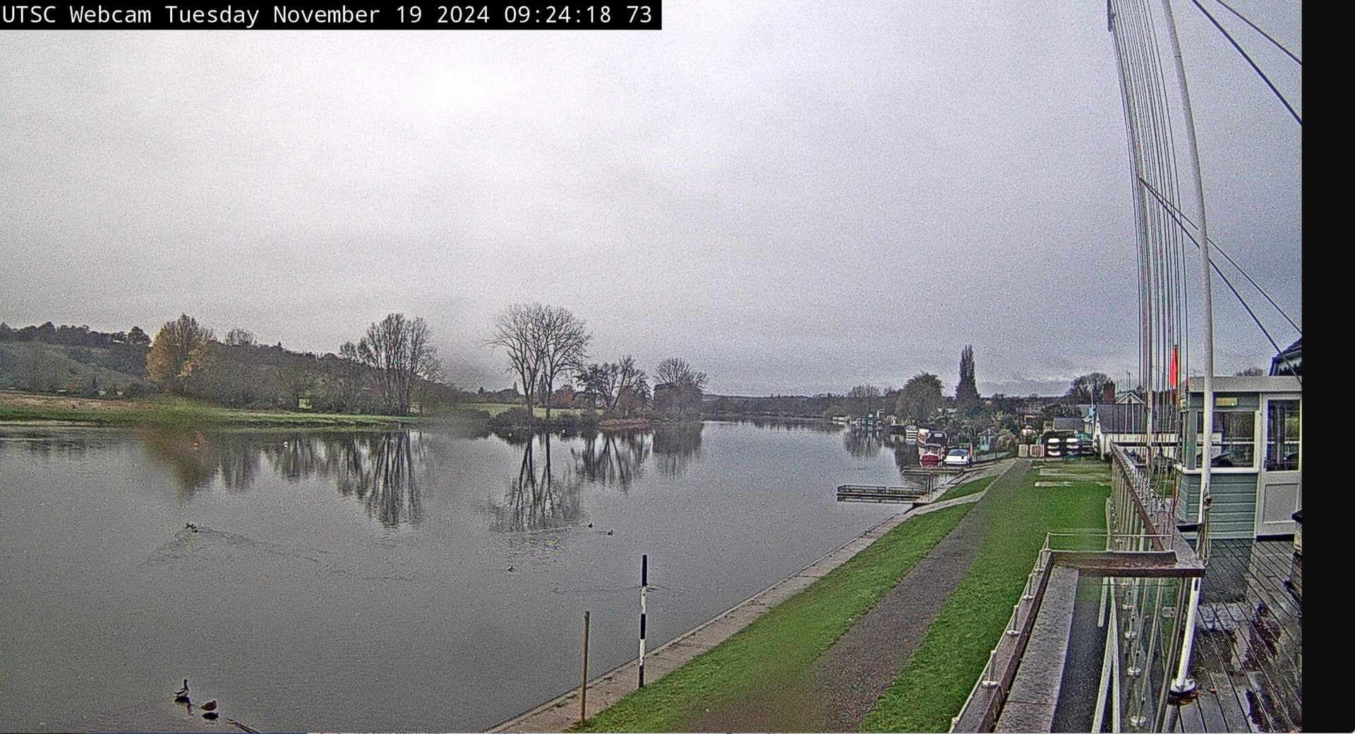 This is what the Thames path and the River should look like. The River is calm and the trees on the opposite bank arre seen in the reflections in the water. The pontoons are next to the slipways.